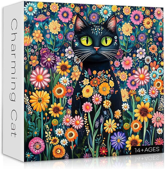 Cat Jigsaw Puzzle for Adults 1000 Pieces, Black Cat Garden Flowers Plants, Kitten Animal Themed Puzzle, Challenging for Adults Kitty