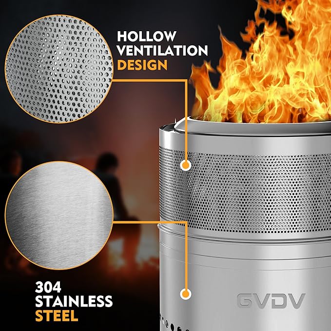 GVDV Smokeless Firepit, 20 Inch Outdoor Fire Pit with Grill & Removable Ash Pan, Hollow-Carved Design, Camping Fire pits for Outside Wood Burning, Portable Bonfire Stove with Carry Bag