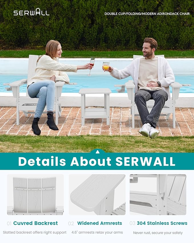 SERWALL Modern Folding Adirondack Chair Set of 6, Weather Resistant HDPE Outdoor Adirondack Chair with Cup Holders, Fire Pit Chairs for Patio Lawn Garden, White