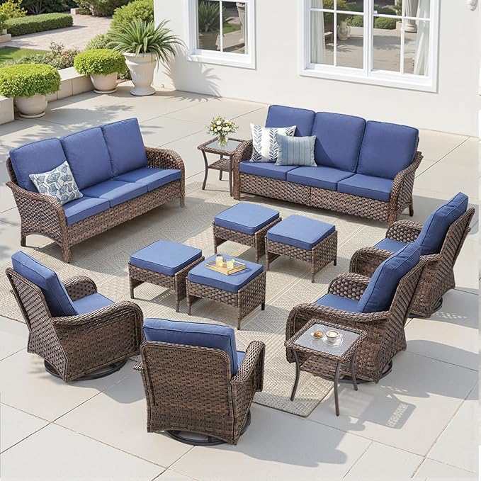 12 Pieces Outdoor Patio Furniture Set-All-Weather Outdoor Furniture Set with High Back Wicker Swivel Patio Chair Set of 4, Patio Conversation Sets for Garden Porch Deck Brown/Blue