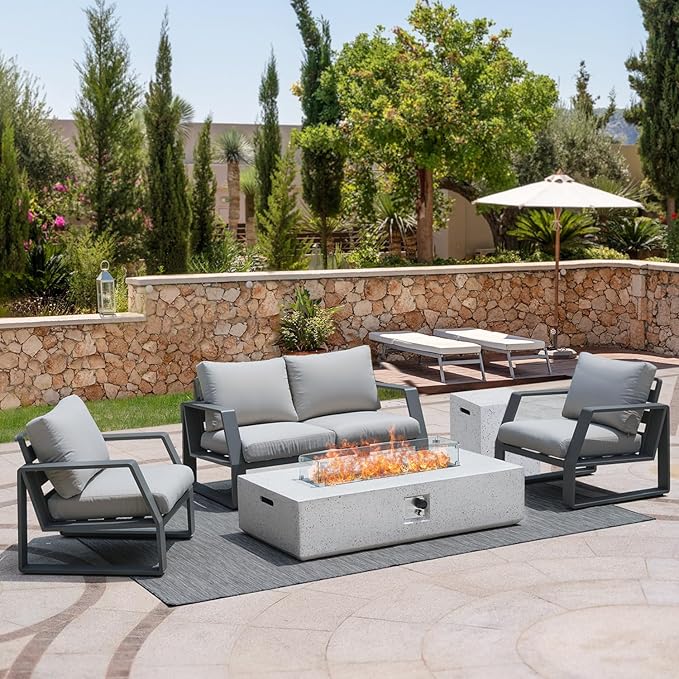 NAGA HABNA 56 Inch Propane Fire Pit Table, Rectangle Outdoor Fire Table w Tank Table (50,000 BTU), 3 Piece Gas Fire Pit w Glass Wind Guard and Blue Fire Glass for Garden, Pool, Backyard