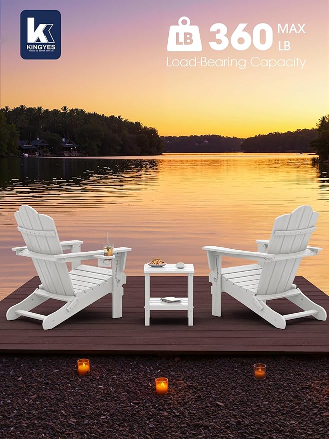KINGYES Folding Adirondack Chair Set of 4, HDPE All-Weather Patio Chairs with Cup Holder, Wooden Textured Fire Pit Chairs for Poolside, Backyard, Deck, White