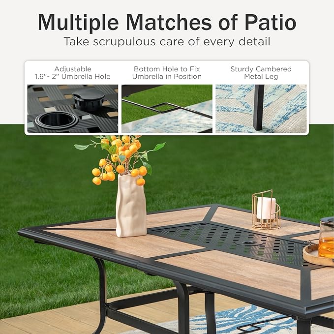 PHI VILLA 7 Piece Outdoor Dining Set with Umbrella, Rectangular Wood Top Metal Dining Table & Cushioned Wicker Chairs & 13ft Large Blue Umbrella for Patio, Deck, Yard