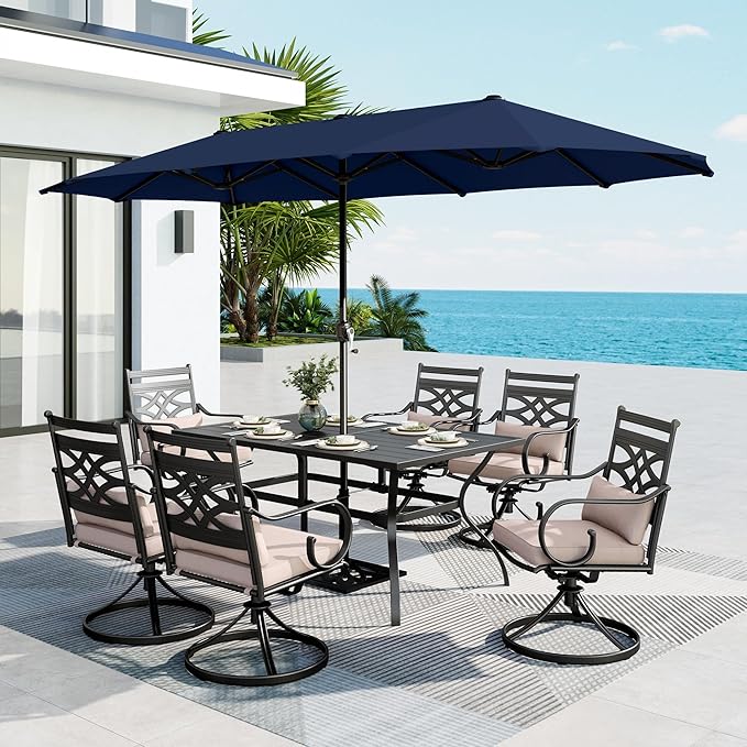 MFSTUDIO Outdoor Dining Set for 6, Patio Furniture Set with Umbrella, Patio Dining Set for Deck Poolside Backyard Garden, Navy Umbrella (Umbrella Base Not Included)