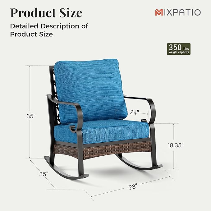 Outdoor Patio Rocking Sofa Chairs Set of 2 Steel Frame Porch Furniture with Deep Seating and 5.75" Cushions for Lawn Backyard Deck, Peacock Blue