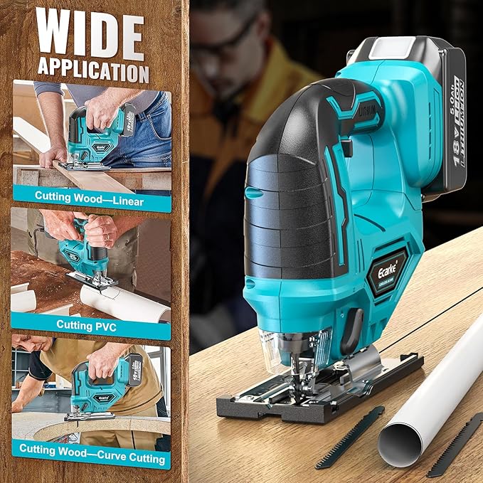 Ecarke JigSaw Compatible With Makita 18V, Brushless Cordless jigsaw tool with Variable Speed LED Light, ±45° Bevel Cuts 3-Position Orbital Action for Cutting (With 5Ah Battery & Charger Station Kit)