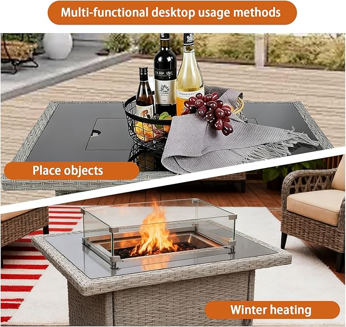 44 Inch Propane Fire Pit Table, 50000 BTU Gas Fire Pit with Glass Wind Guard & Lid, Outdoor Wicker Fire Table for Patio, Garden, Backyard (Grey)