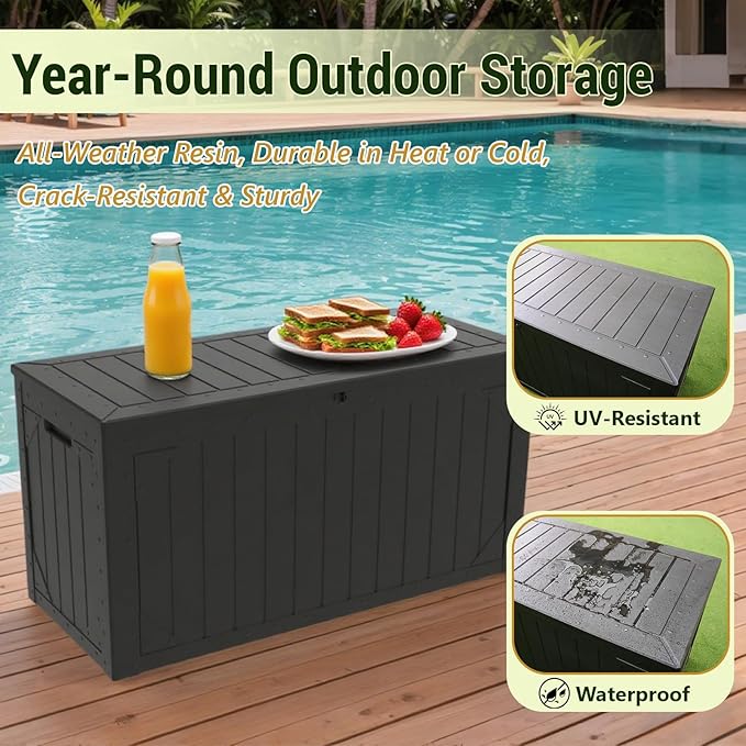 Outdoor Storage Box, 48”×22“-Deck Box Outdoor Storage Bench Outside Waterproof Resin Storage Bench, Lockable Patio Cushions, Garden Tools Storage For Furniture, UV Resistant(Black)