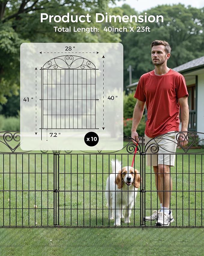 5 Panels No Dig Decorative Outdoor Garden Fence, 40 in(H) X 23.6 ft(L) Animal Barrier Fencing, Rustproof Portable Fence, Temporary Dog Fence Outdoor for Yard, Outside, Backyard, Patio