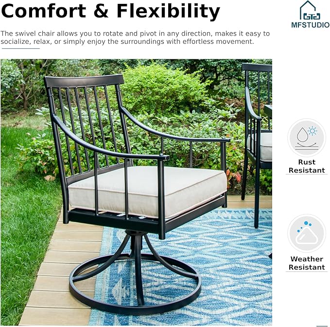 MFSTUDIO 7 Piece Patio Dining Sets, 6 Swivel Chairs with Removable Cushions and 1 Large Rectangle Metal Table with1.57” Umbrella Hole