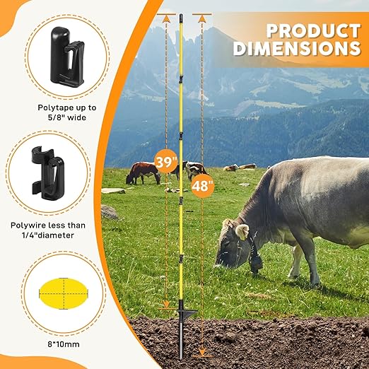 48 Inch / 4 Ft Fiberglass Step-in Electric Fence Posts – 5 Clips, Holds Wire, Poly Tape, and Poly Rope, Livestock Control | Lightweight, Anti-Rotation