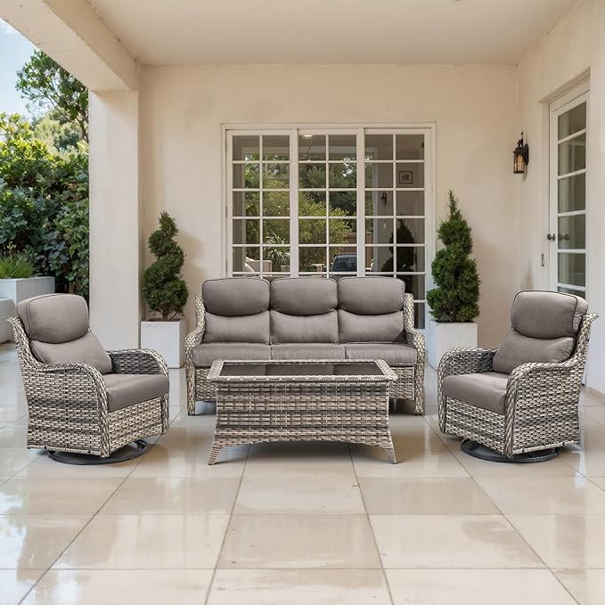 Outdoor Swivel Rocker Patio Chairs Set of 4 with Sofa - 5" Thick Cushion 4 Piece Furniture Set with Sofa All Weather Wicker Conversation Set for Porch Deck - Gray/Gray