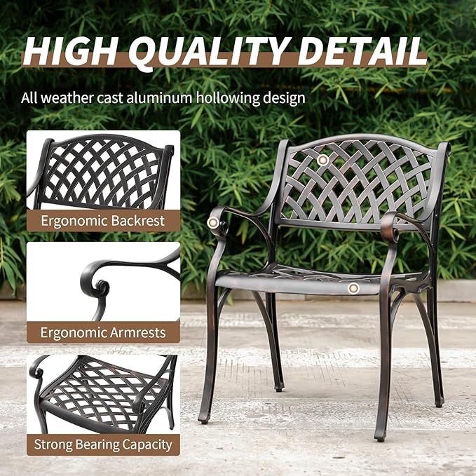 Patio Bistro Chairs Set of 2 Cast Aluminum Patio Dining Chairs,Outdoor Dining Chairs with Armrest,All Weather 2 Piece Bistro Patio Dining Chair for Balcony, Backyard, Garden,Bronze