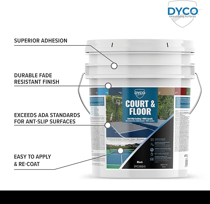 DYCO Court & Floor Anti-Slip Coating - Slip-Resistant Pavement, Cement & Concrete Paint for Pickleball, Tennis & Basketball Courts, Exceeds ADA Standards for Safety Areas (Black, 5 Gallons)