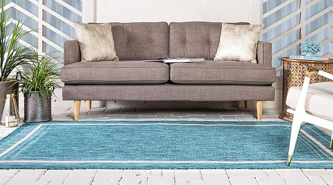 Unique Loom Outdoor Border Collection Area Rug - Soft Border (9' x 12' Rectangle, Teal/ Ivory)