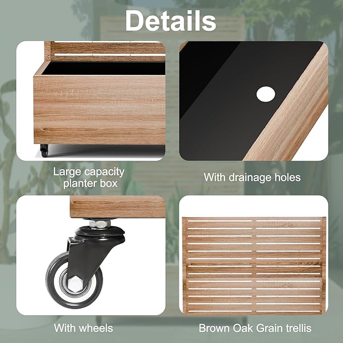 Metal Planter Box with Trellis Privacy Screen, Outdoor Raised Garden Beds with Wheels & Drainage Holes (47" L, Brown Oak Grain)