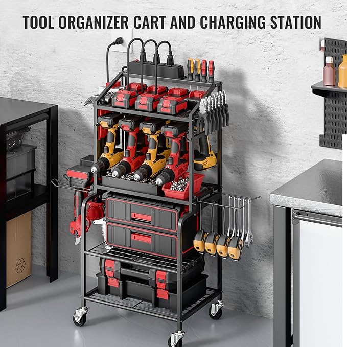 Power Tool Organizer Cart with Charging Station, Garage Floor Standing Rolling Drill and Tools Battery Storage Cart on Wheels, Rolling Tool Cart with 6 Outlet Power Strip