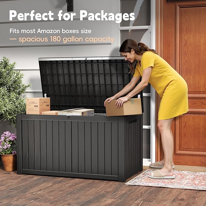 Outdoor Storage Box, 180 Gallon Waterproof Resin Deck Box, Storage Bin for Package Delivery, Patio Furniture Cushion, Garden Tools, Pool Accessories, Weatherproof and UV Resistant, Black
