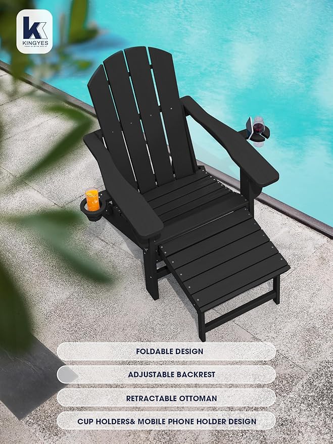 KINGYES Folding Adjustable Adirondack Chair with Retractable Ottoman Set of 2, HDPE Oversized Outdoor Chair with Cup Holder, Wood-Like Reclining Versatile Adirondack Chair, Black
