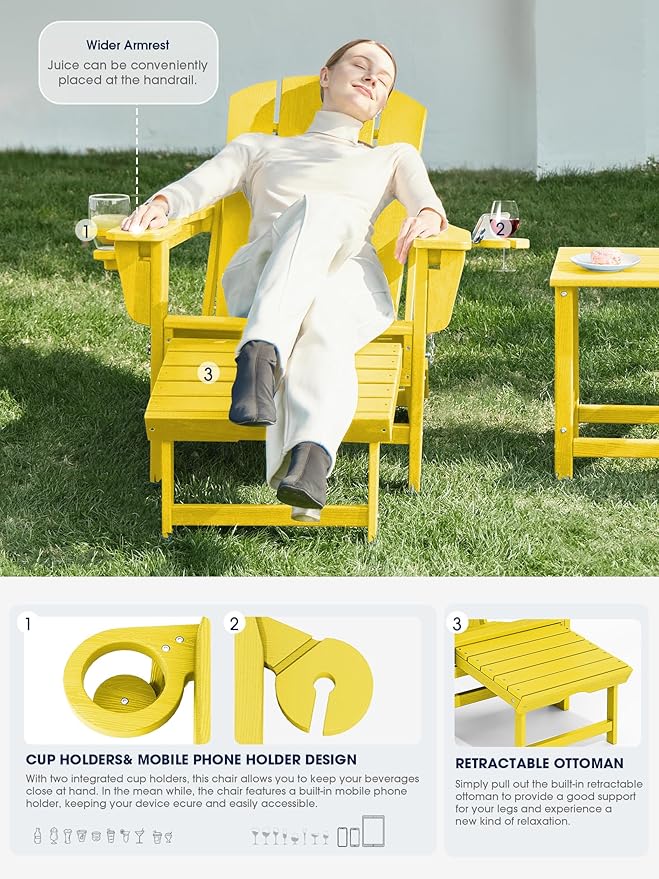 KINGYES Folding Adjustable Adirondack Chair with Ottoman & 2 Cup Holders Set of 2, HDEP Multifunctional Adirondack Chair with Footrest, Yellow