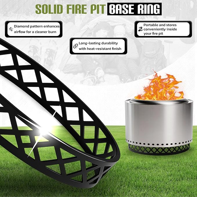 FEBTECH - Smokeless Fire Pit Accessories Combo – 23" Carbon Steel Base, 27.5" Lid with 2 Wooden Handles – Durable Smokeless Firepit Accessories for Camping, Patio, Backyard
