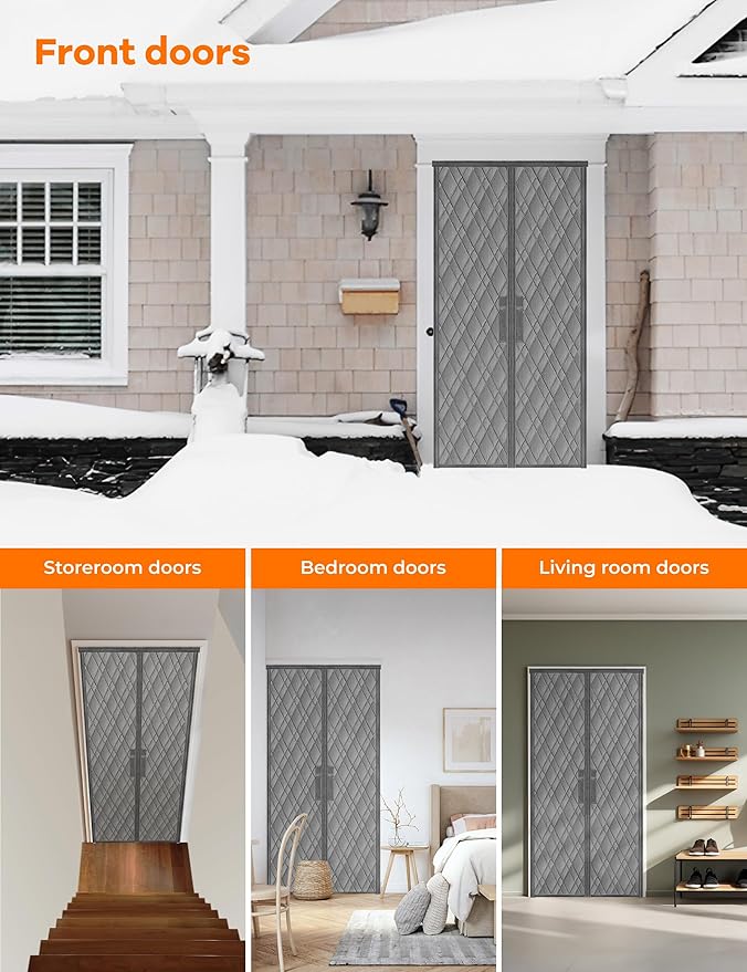 Magnetic Thermal Insulated Door Curtain, Fit Size up to 36 x 82 Inches, Thermal Door Curtain Filled with Thick Cotton to Keep Warm Winter, Doorway/Front/Back/Basement, Grey, Diamond