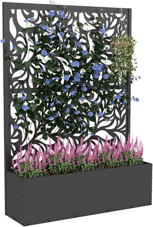 Metal Planter Box with Trellis,70.9"x47.2"x15.7" Raised Garden Bed with Drainage Holes, Privacy Planters for Outdoor Garden Bed for Climbing Plants,Vegetables,and Vines, Black-Flower