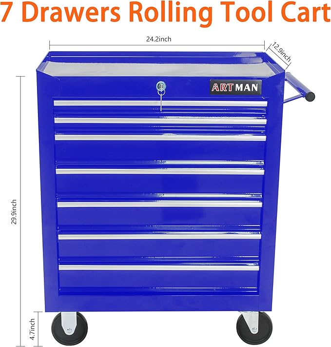 7 Drawers Rolling Tool Cart on Wheels, Trolley Organizer Tool Case Tool Chest, Multifunctional Tool Storage Tool Box for Workshop, Garage, Warehouse, Repair Shop (7 Drawers-29.9" H-Blue)