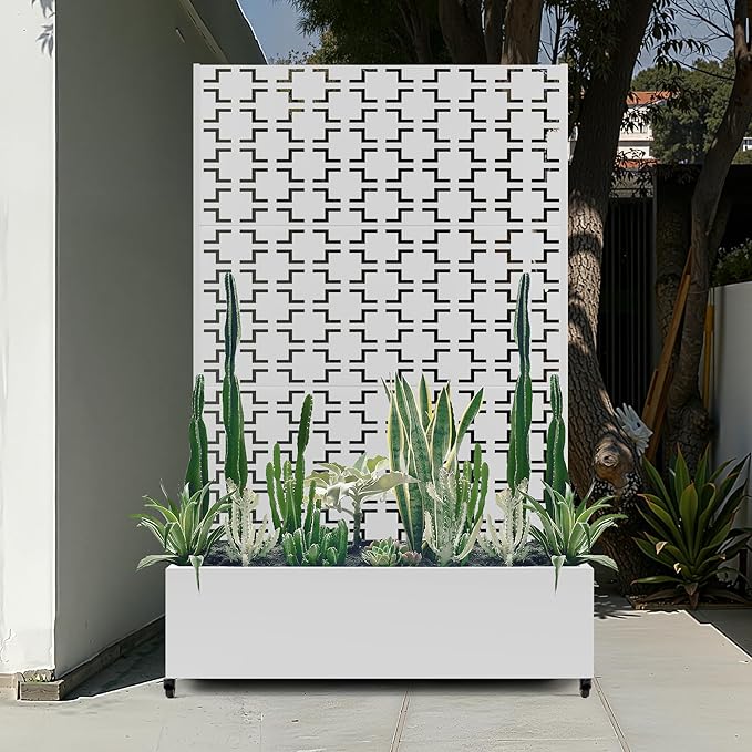 Metal Large Planter Box with Trellis Privacy Screen, Outdoor Raised Garden Beds with Wheels for Climbing Plants Vegetables, Outdoor Standing Flower Beds with Drainage Holes (47"L, White Square)