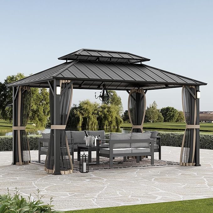 Modern Shade The Horizon Hardtop Gazebo 10' x 14' with 4 LED Lights, Permanent Outdoor Gazebo with Galvanized Steel Double Roof, Grill Pavilion with Decor Hooks, Mosquito Nettings, Black