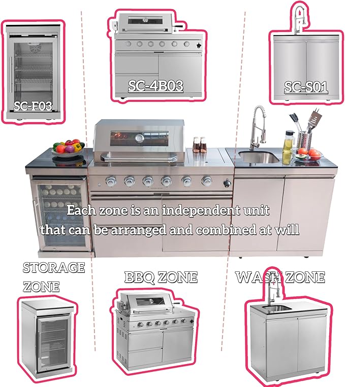 98 Inches 4-Burner 72000 BTU Deluxe Stainless Steel Propane Gas Outdoor Kitchen Bar Barbecue Island Grill, Wine Cooler Compact Refrigerator, Granite Countertops, Stainless Steel Sink, Silver