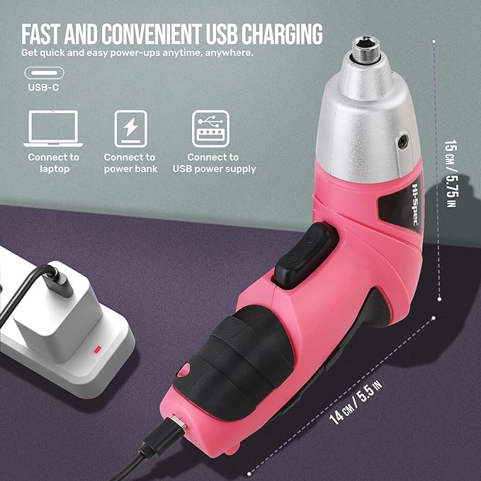 Hi-Spec Electric Screwdriver 19pc 3.6V Pink USB Small Power Screwdriver Set. Cordless & Rechargeable wtih Compact Hand Tool Box Set