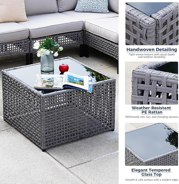 5-Piece PE Rattan Patio Sectional Set with 2 Armchairs, 2 Armless Chairs and Coffee Table, Modular Wicker Outdoor Sofa with 4" Beige Cushions for Backyard, Deck, Garden
