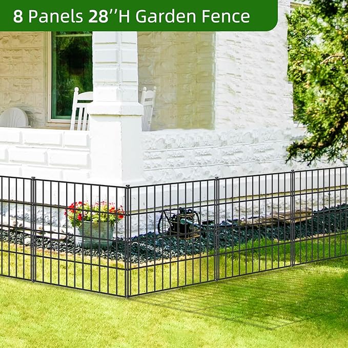 Metal Garden Fence 28in (H) x 35ft (L), 15 Panels + 16 Stakes Dog Fence Border Fence Animal Barrier, No Dig Garden Fencing for Yard Flower Bed Lawn Patio Outdoor, PIN282815 Black