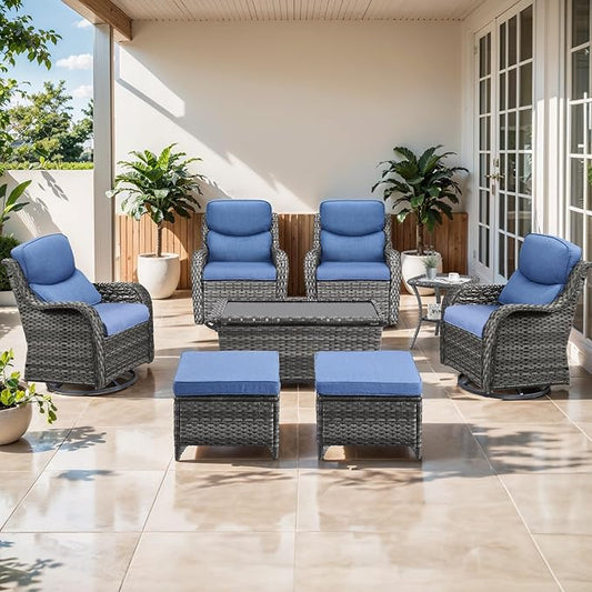 Outdoor Swivel Rocker Patio Chairs Set of 4 with Ottoman Coffee Table - 5" Thick Cushion 8 Piece Furniture Set All Weather Comfortable Wicker Conversation Set for Porch Deck - Gray/Blue