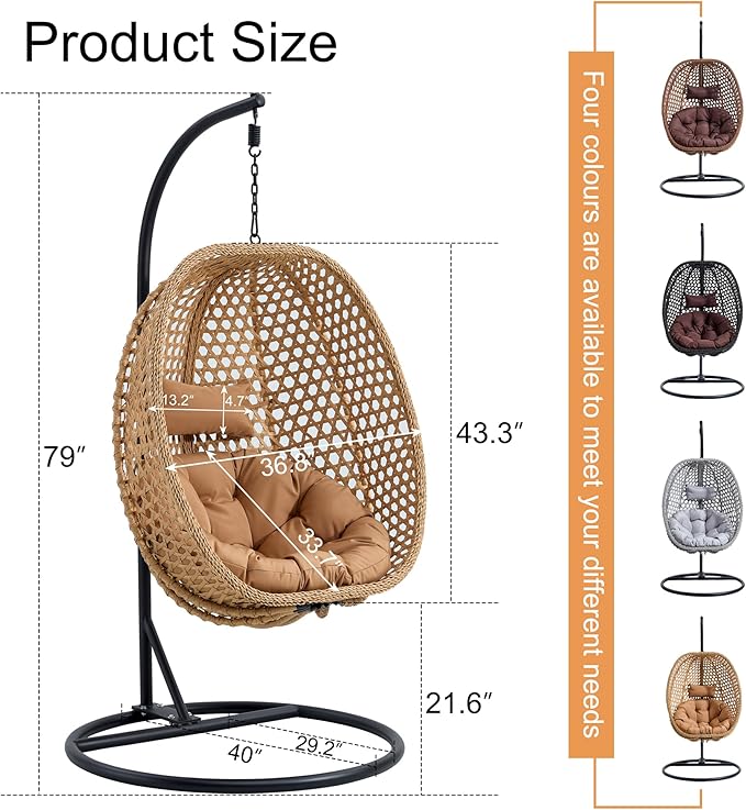 Egg Swing Chair Outdoor with Stand, Hanging Egg Rattan Basket Chair with Cushion and Pillow, Lounge Chairs, Foldable Basket and Metal Stand for Porch, Patio, Bedroom, Balcony,Yard (Khaki)
