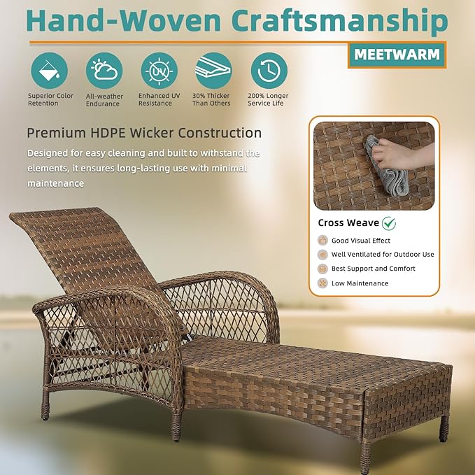 MEETWARM Outdoor Wicker Chaise Lounge Chair Set of 2, 77" Long All Weather PE Rattan Patio Lounge Chair, 6 Position Adjustable Pool Reclining Sunbathing Chair for Outside, Armrest & Head Pillow, Beige