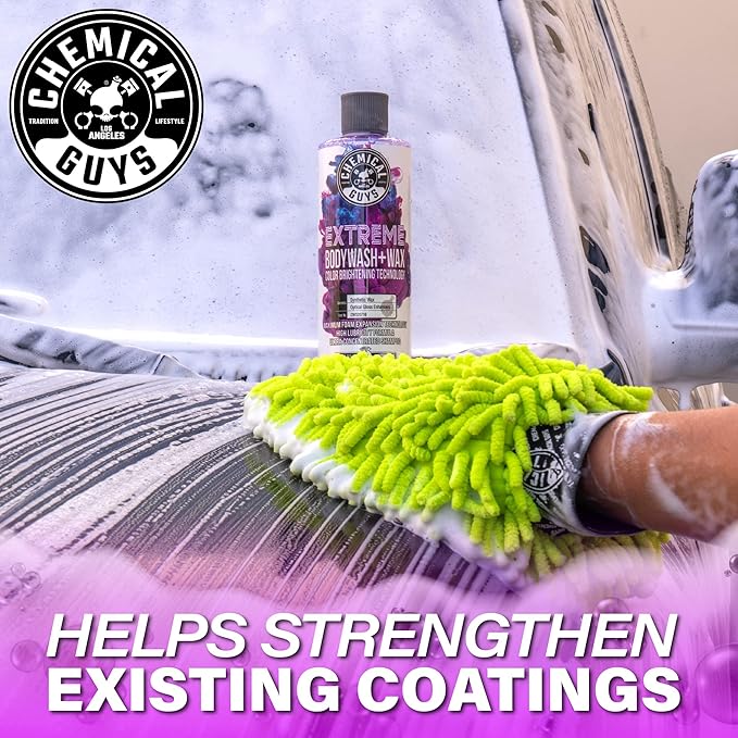 Chemical Guys Extreme Bodywash & Wax Foaming Car Wash Soap, (Works with Foam Cannons/Guns or Bucket Washes) for Trucks, Motorcycles, RVs & More, 32 fl oz, Grape Scent