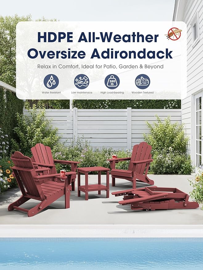 KINGYES Adjustable Folding Adirondack Chair Set of 4, 3-Position Reclining Adirondack Chairs with Cup Holder, HDPE All-Weather Oversized Adirondack for Outdoor, Patio, Backyard Deck, Fire Pit, Red