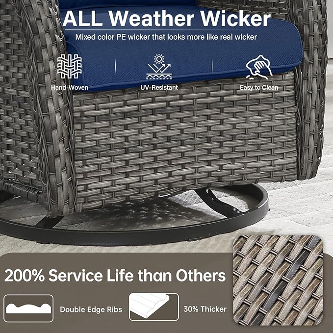 Outdoor Swivel Rocker Patio Chairs Set of 4 with Ottoman Coffee Table - 5" Thick Cushion 7 Piece Furniture Set All Weather Comfortable Wicker Conversation Set for Porch Deck - Gray/Blue