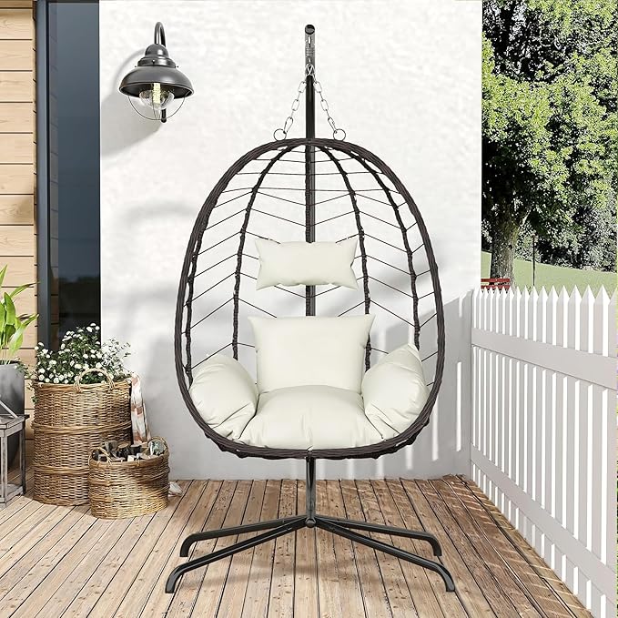Hanging Egg Chair with Stand, Swinging Egg Chair Outdoor Indoor, Hanging Basket Chair with Cushion, Patio Wicker Hammock Chair 350lbs Capacity for Bedroom, Porch, Balcony, Backyard, Garden (Beige)
