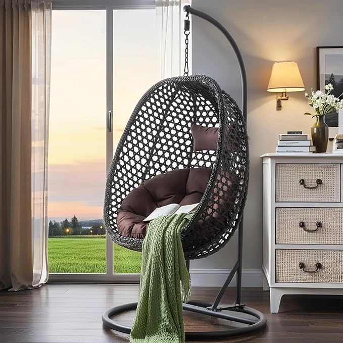 Hanging Egg Chair with Stand, Egg Swing Chair with Stand Indoor Outdoor, Black Wicker Swing Egg Chair for Adults, Hammock Chair with Comfortable Cushion and Stable Round Metal Base for Bedroom Patio
