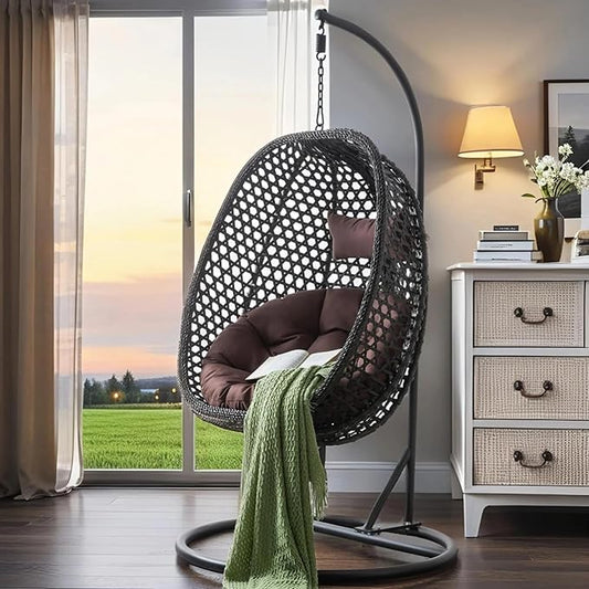 Hanging Egg Chair with Stand, Egg Swing Chair with Stand Indoor Outdoor, Black Wicker Swing Egg Chair for Adults, Hammock Chair with Comfortable Cushion and Stable Round Metal Base for Bedroom Patio