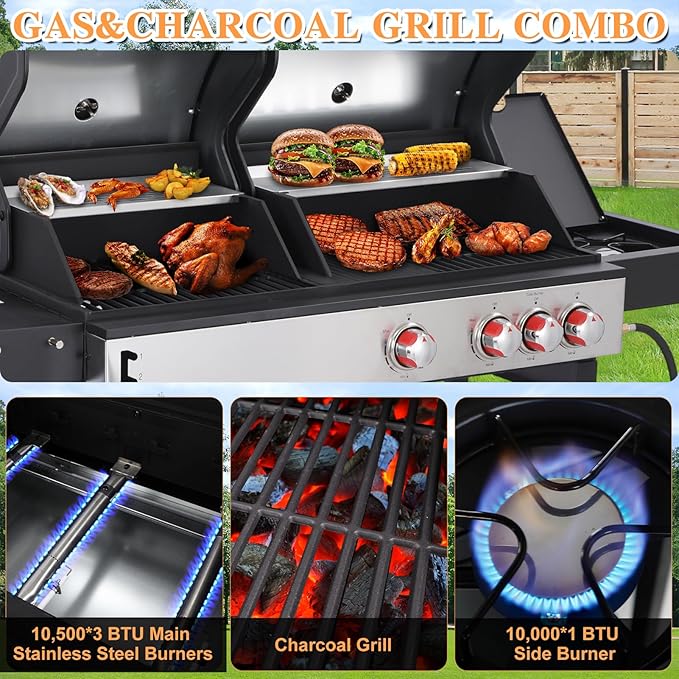 CIG GARDEN Gas and Charcoal Combo Grill, 3 Burner Propane Gas Grill with Side Burner, Cast Iron Grates Outdoor Barbecue Grill with 41,500 BTU Output, Perfect for Outdoor Cooking, Balcony, Camping