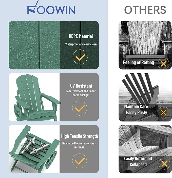 FOOWIN Adirondack Chair with Retractable Ottoman,HDPE Folding Adjustable Adirondack Chair w/4 in 1 Cup Holder Trays,All-Weather Resistant Fire Pit Chair for Outdoor Patio Lawn Set of 6