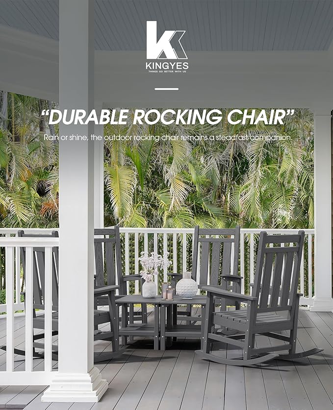KINGYES Outdoor Rocking Chair, All-Weather Patio Rocking Chairs for Porch, HDPE Rocking Outdoor Chairs with High Back for Adult, Heavy Duty Outdoor Patio Rockers for Garden, Lawn, Gray