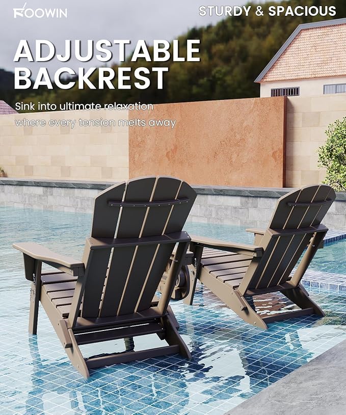 FOOWIN Folding Adjustable Adirondack Chair with Retractable Ottoman Set of 2, HDPE Adirondack Chair w/4 in 1 Cup Holder Trays,All-Weather Resistant Fire Pit Chair for Outdoor Patio Lawn, Brown
