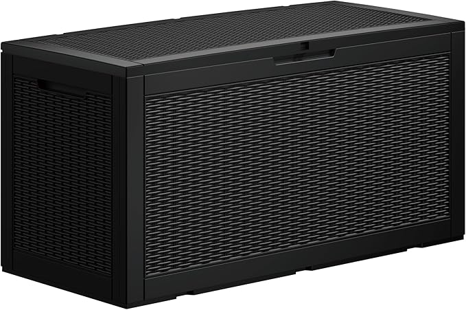 Mersco 100 Gallon Double-Wall Resin Deck Box - Lockable Waterproof Outdoor Storage Box, 1000lbs Capacity & Doubles as Seating for Patio Furniture - Garden Tools, Pool Accessories (Black)