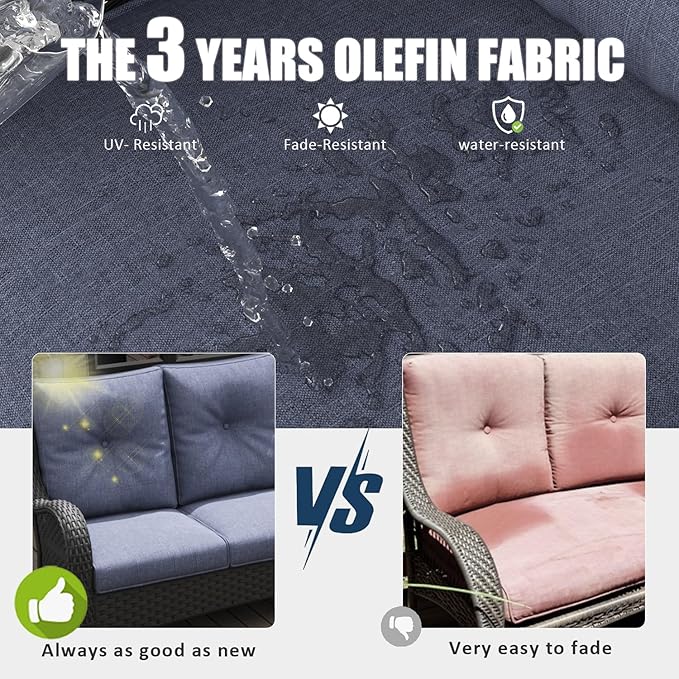 LayinSun 7 Pieces Outdoor Patio Furniture Set with Fire Pit Table, Rattan Wicker Swivel Rocker Chairs Sets with Swivel Glider Chairs and Coffee Table