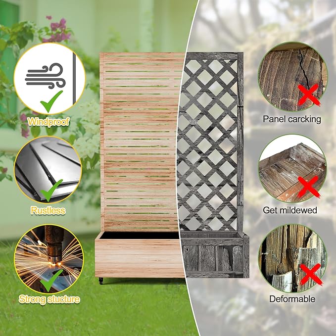FENCY Metal Raised Garden Bed with Wheels and Trellis,73"x47"x16" Planter Box for Climbing Plants, Vegetables & Vines, Features Privacy Screen and Drainage Holes (Acacia Wood Finish)